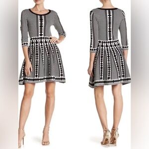 NWT Nina Leonard Women's Geometric Fit & Flare Knit Dress Black & White Size XL